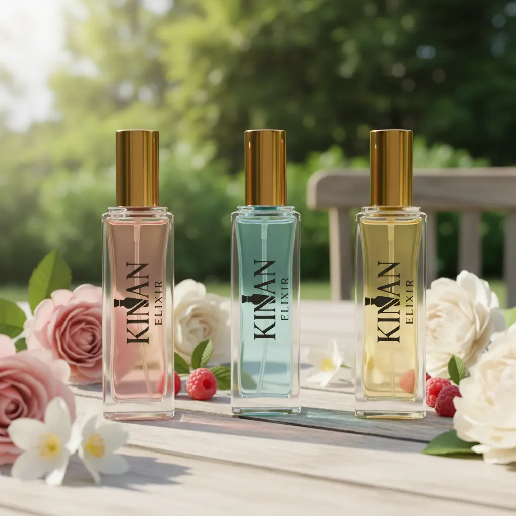 Parfymflaskor och miljö hos Kinan Elixir